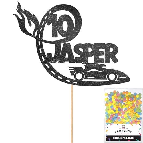 Personalised F1 Motor Racing Car Glitter Cake Topper - Black Custom Age & Name Glitter Cake Decoration and Sprinkles - Happy Birthday Decorations - Personalised Toppers for Cakes by Cakeshop