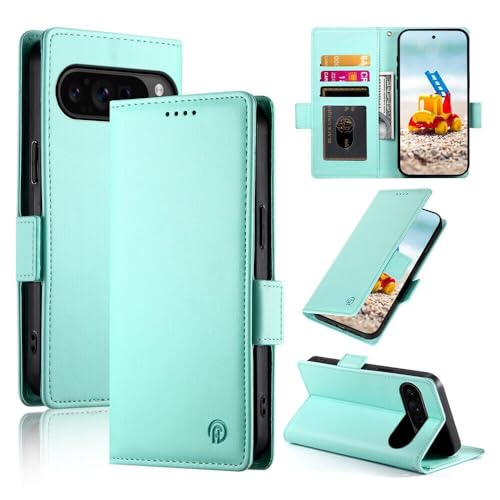 Étui portefeuille Google Pixel 8 Pro cuir à rabat vert menthe
