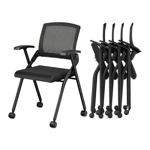 Image of Folding Office Chair Conference Room Chair with Armrest Mesh Back, Stackable Foldable Office Chair for Guest Reception Meeting Classroom Training Seminar (8, Black- with Wheel)
