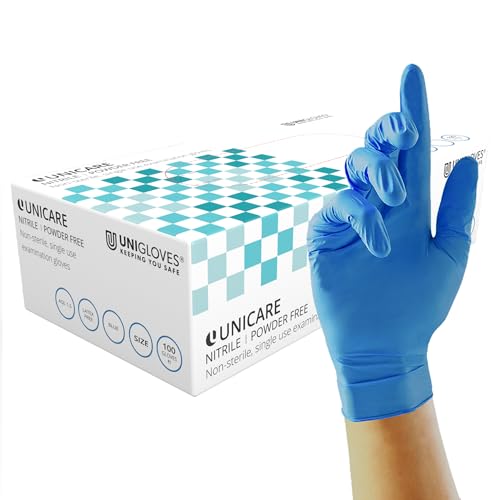 Unigloves Unicare Gants d'examen en nitrile - Polyvalents, sans poudre, gants jetables de qualité médicale - Boîte de 100 gants, bleu, taille L (GS0034)
