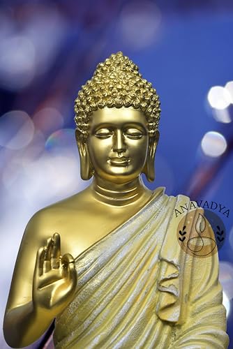 Image of Beautiful Sitting Buddha Idol Statue for Home & Garden Living Room | Healing Spirit Blessing Buddha Statue - 15 Inch Size (Golden + Cream)