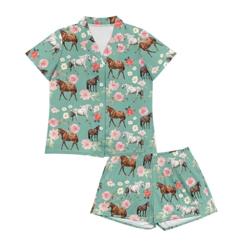 Image of Renewold Women's Short Sleeve Pajama Set Button Down Sleepwear with Notch Collar Soft Lounge Top and Shorts with Pockets