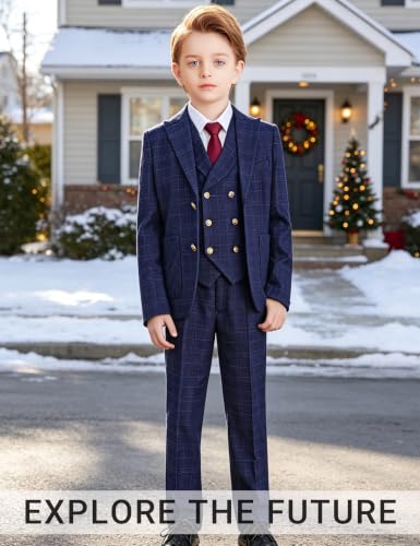 Boys Formal Suit Slim Fit Tuxedo Ring Bearer Outfit Navy Blue Plaid Size 10 - image 6