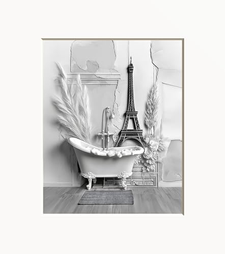 Black White Bathroom Wall Art, Paris Theme Bathroom Decor, Black White Matted Handmade Wall Art (Paris Them Bath)
