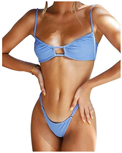 Conjunto de biquíni feminino confortável frente única Doufine com 2 peças, Azul, S