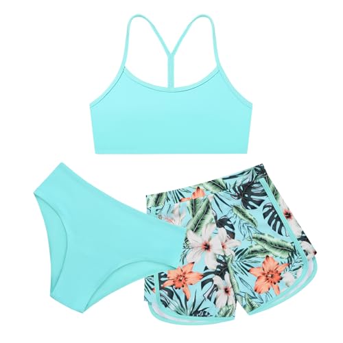 Image of Weixinbuy Girls 3 Piece Swimsuit Bathing Suits Solid Bikini Set with Printed Sports Shorts Swimwear for 9-16Y Teen Girls