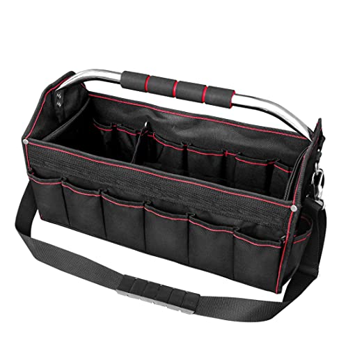 HAUTMEC 18 Inch Foldable Tool Tote Bag, Open Top Tool Bag with 27 Pockets and Removable Partition, Portable Tool Organizer with Adjustable Shoulder Strap & Water-Resistant Molded Base – HT0020