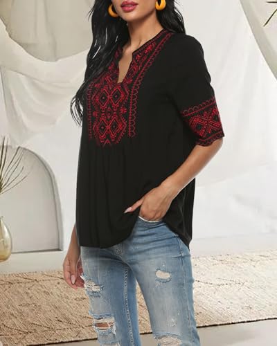 AK Women's Summer V Neck Boho Embroidered Mexican Shirts Short Sleeve Casual Tops Blouse4