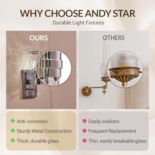 Image of ANDY STAR 1-Light Bathroom Wall Sconce, Polished Chrome Hammered Glass Vanity Light, Water Ripple Side Light Fixtures with Clear Glass Shade, E12 Base, Wall Lamp for Bedroom, Hallway