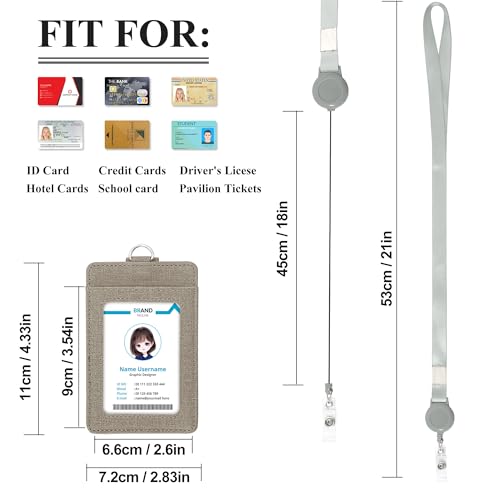 Image of Conisy ID Badge Holder with Retractable Lanyard, Vertical PU Leather ID Badge Card Holder with 2 Card Slots for Women Men (ID Badge Holder Grey)