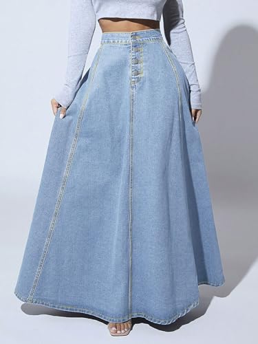 CHARTOU High Waisted Maxi Denim Skirt Women Elegant Pleated Button Up Patchwork Flowy Long Jean Skirts2
