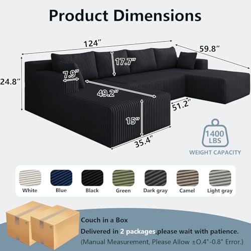 Image of 125 inch W Boneless Cloud Sectional Couch Modular Sofa with Ottoman | Modern U-Shaped Couches, Comfy Corduroy Memory Foam Sofas with Oversized Chaise for Living Room (Black, Left-Facing Chaise)