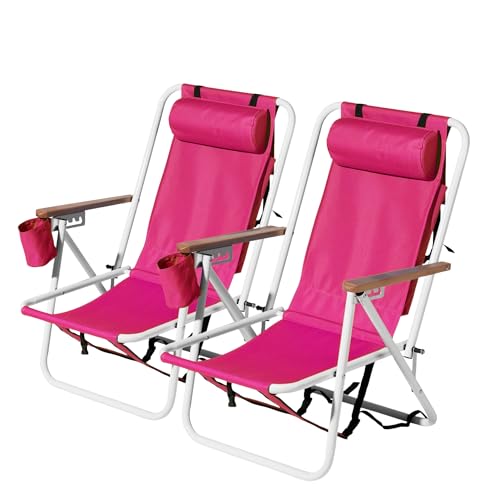 Bonnlo Backpack Low Beach Chairs Set of 2, Breathable Folding Beach Chair with 4 Adjustable Positions, 120kg Capacity, Pink