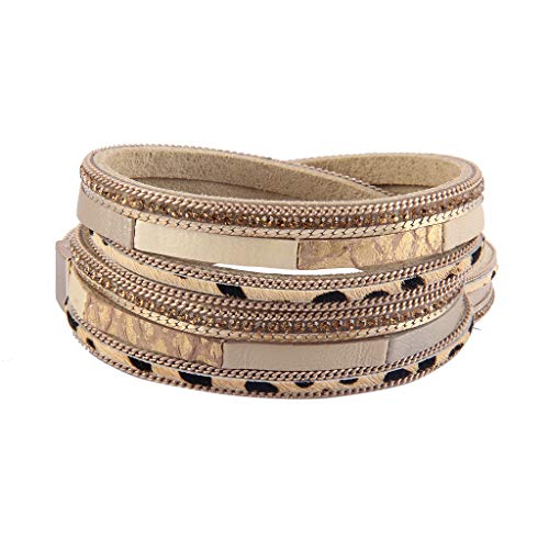 GelConnie Leopard Leather Wrap Bracelet Multilayer Bohemian Bracelets Magnetic Cuff Bracelet LPB326-Beige