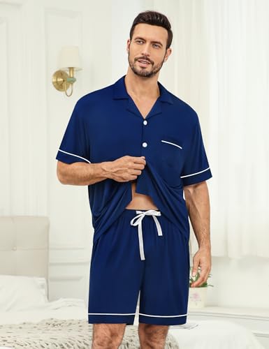 SWOMOG Mens Pajama Set Shorts Button Down Short Sleeve Sleepwear Soft Modal 2Pcs Pj Set with Pockets S-XXL2