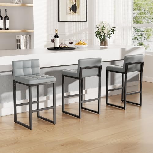 Image of Bar Stools Set of 3, Modern Counter Height Bar Stools with Back,24 inch Light Grey