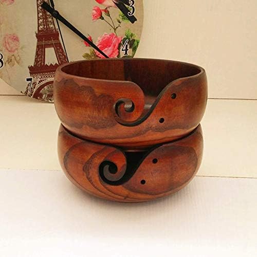 SUNJULY Wool Yarn Organizer, Portable Yarn Bowl, Knitting, Crochet Holder, Handmade Natural Wooden Wool Yarn Storage Bowl, 21-23cm