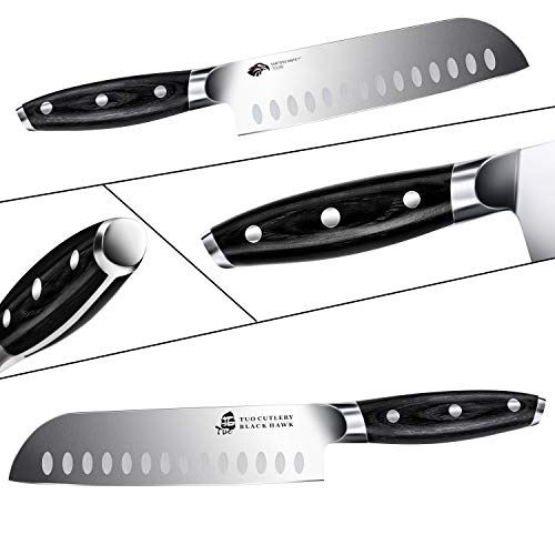 Image of Santoku Chef Knife - TUO 7 inch Kitchen Knives Ultra Sharp Asian Knife Japanese Chefs Knives - German HC Steel - Full Tang Pakkawood Handle - BLACK HAWK SERIES