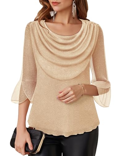 Lotusmile Blouses for Women Dressy Casual 3/4 Sleeve Cowl Neck Sparkly Tops Cocktail Shirts for Evening Party