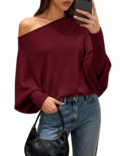 BTFBM Casual Fall Sweaters for Women 2026 Long Batwing Sleeve Ribbed Knit Tops Pullover Loose Off The Shoulder Sweater(Wine Red Large)