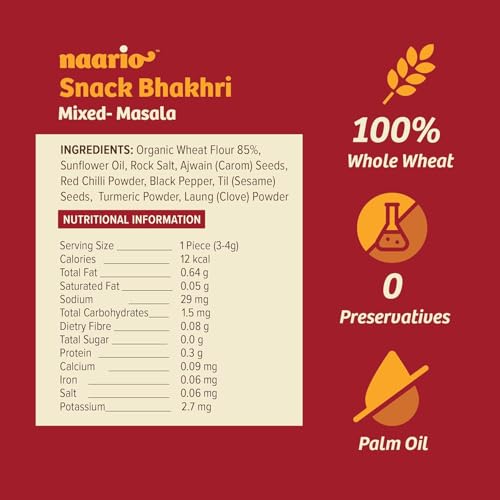 Image of Naario Mixed Masala Crackers Healthy Snack for Adults and Kids (12 Calories /pc) Wholesome Wheat Bhakhri with Organic Spices | High-Fibre, No Maida Guilt Free Snack | 100g Pack of 4