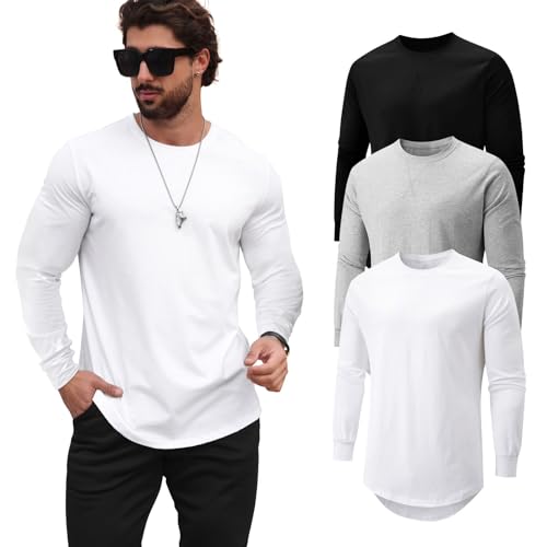 Mancozy 3 Pack Men's Fashion Fitted Crew Neck Plain Essential Tees Long Sleeve T-Shirts for Men X-Large
