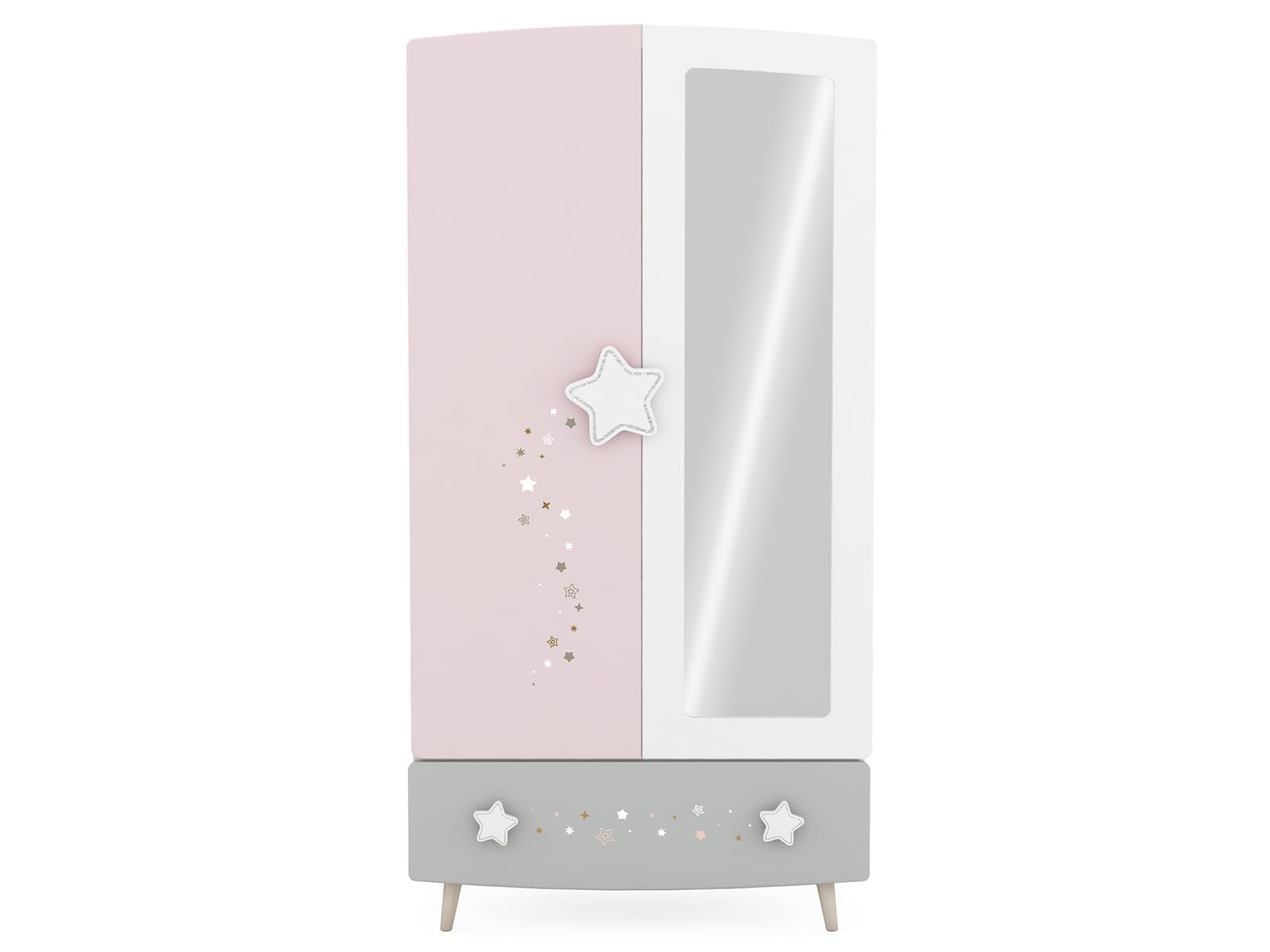 möbelando Prinzessin Kinder Kleiderschrank mit Himmelssternen und Ganzkörperspiegel, 2 Türen, 1 Schubkasten, 2 Kleiderstangen, Massivholzfüße - 89x185x50 cm (B/H/T), Rosa/weiß/grau #einfach zuckersüß