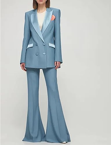 Women's Solid 2 Pieces Suit Peak Lapel Double Breasted Jacket Pants Office Lady Work Uniform 5