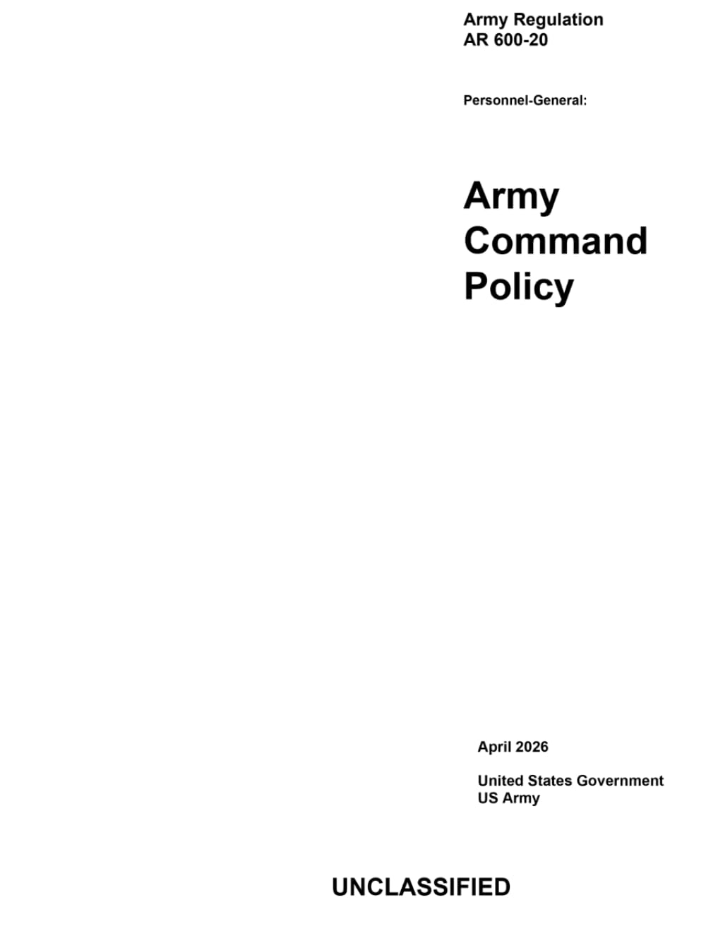 Army Regulation AR 600-20 Army Command Policy April 2026