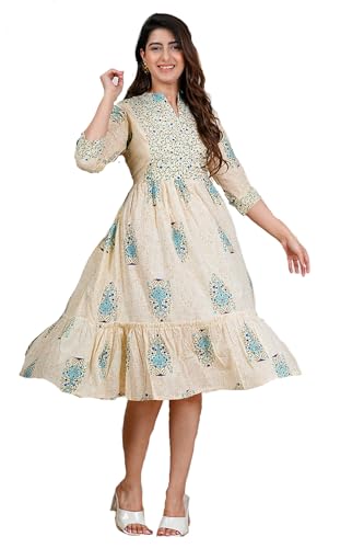 Image of Monique Brand Women's /Girls Cotton Kurta for Women Floral Printed Regular Fit Anarkali Kurta ||Floral Flared Western Dress