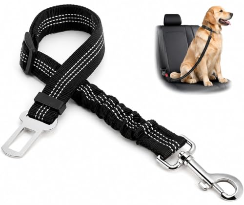 Dog Seat Belts for Cars - Dog Seat Belt Adjustable Elastic Bungee - Strong Durable Dog Car Harness - Car Dog Seat Belt 360 Degree Swivel Attach Wont Twist Reflective Easy to Use (BLACK)