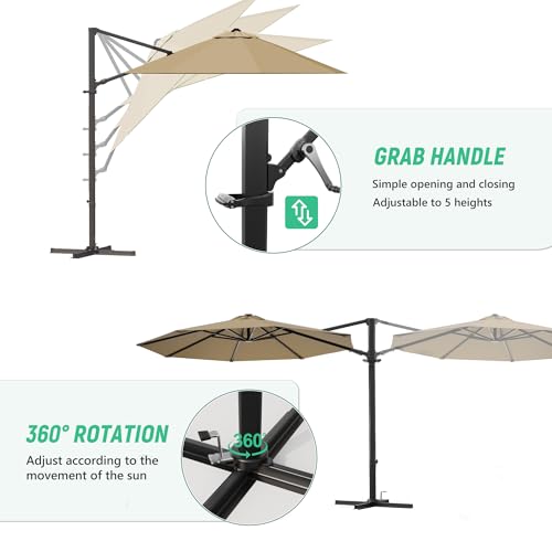 Image of Greesum 10FT Outdoor Patio Umbrella with High Pedel and 4 Gear Heights, Large Offset Market Umbrella with 360-degree Rotation, Without Base, Hanging Outdoor Shade for Garden, Lawn, Pool, Brown