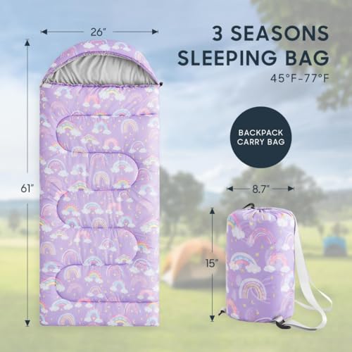 Wake In Cloud - Bolsa de Dormir para Niñas, Camping en Clima Frío y Cálido, Ligera y Compacta para 3 Temporadas, Diseño Arcoíris miniatura 2