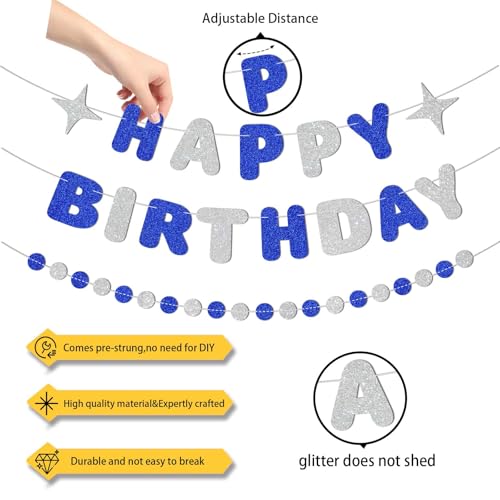 Image of Royal Blue and Silver Happy Birthday Banner-Happy Birthday Decorations for Boys Men,Glitter Garland Sign for 6st 10st 13st 17st Blue Party Decor,Bday Backdrop Supplies