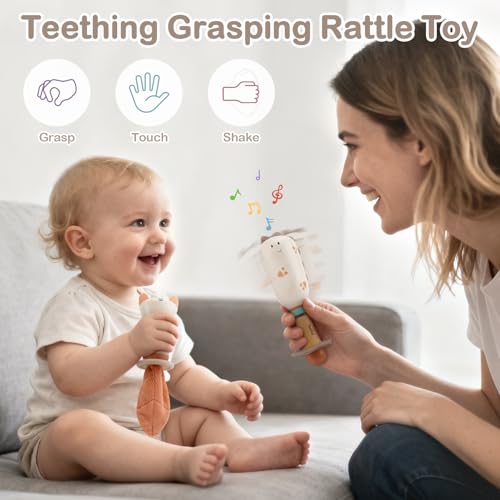 Image of Baby Rattles - Teething Toys 3-6 Months, Baby Toys 0-6 Months, Sensory Toys for Newborn Babies, Rattles for Babies 0-6 Months, Neutral Color Baby Shower Gift (3PCS)