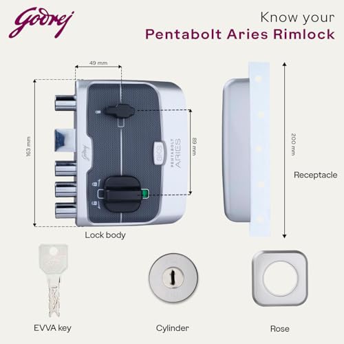 Image of Godrej Rim Lock I Pentabolt Aries 3KS I 5 Bolts I 1CK Deadbolt I for Inside Opening Door l Left /Right Handed Doors I 4 Keys I 15-Year Warranty I Manual Locking I Roman Silver Finish