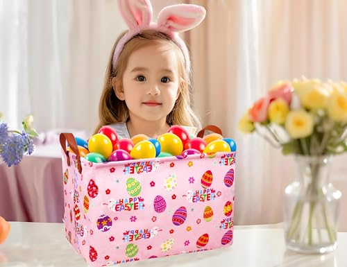 Image of Large Rectangular Easter Baskets Empty Waterproof Boy Toy Box Foldable Kid's Gifts Storage Bin Spring Room Decor(HAPPY Pink Rabbit Egg)