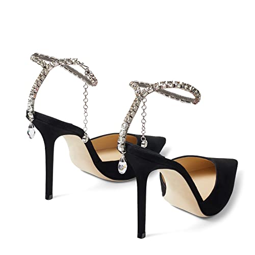 Image of LauraVicci Women's Heeled Sandals Crystal Chain Ankle Straps Rhinestones Buckle High Heels Stiletto Slip On Wedding Party Satin Dress Shoes