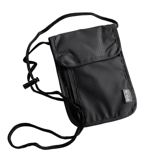 Quelcc Porta-documentos de viagem, capa pendente para passaporte com bloqueio RFID, impermeável carteira de pescoço passaporte para documentos em dinheiro (preto)