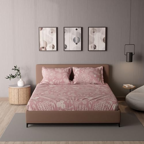 Image of BlissHome Bedsheet for King Size Bed, Floral Aesthetic Printed Bed Sheets with Pillow Covers Set, Soft Microfiber Home Decor, 1 Flat Sheet 106x106 & 2 Pillowcases 17x27, Grace Collection (Peach)