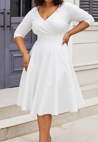 Image of Womens Plus Size Dresses Faux Wrap Summer Dress 3 /4 Sleeves V Neck 1950s Retro Vintage Wedding Party Midi Dress