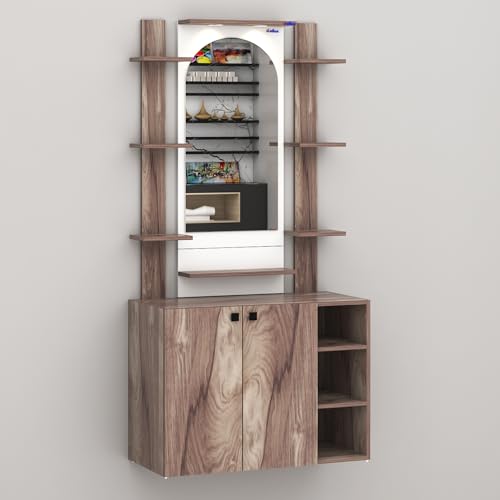 Image of Anikaa Venza Engineered Wood Dressing Table with Wall Mounted Mirror & LED Lights Open Shelf | Makeup Vanity Storage Cabinet with Soft Closed Hinge Door for Bedroom -(Coachwood /White) DIY Installation