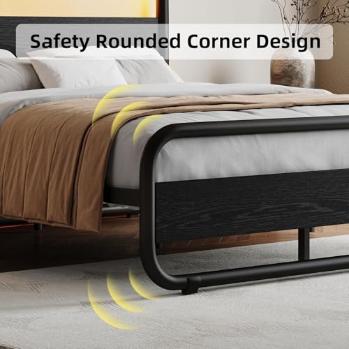 Image of Twin Bed Frames, Metal Platform Twin Bed Frame with Wood Headboard, Black