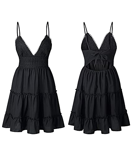Image of ECOWISH Summer Dresses for Women 2026 V-Neck Spaghetti Strap Bowknot Backless Sleeveless Lace Mini Swing Skater Dress