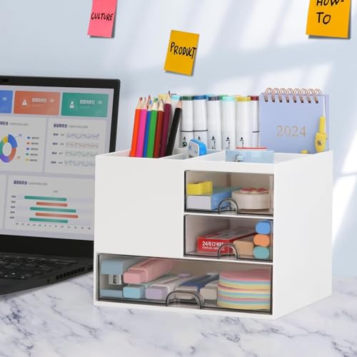 Image of UCRAVO Multifunction Desk Organzier with Drawers, Cosmetic /Makeup Vanity Organizer Box, 3 Drawers Plastic Stationary Storage Organzier, Desktop Storage Drawers for Office Supplies,School,Home (White)