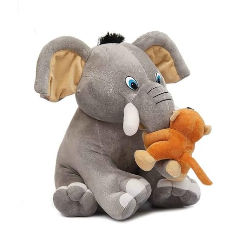 Image of DearJoy Baby Elephant with Monkey Soft Toy Grey - Height 35Cm
