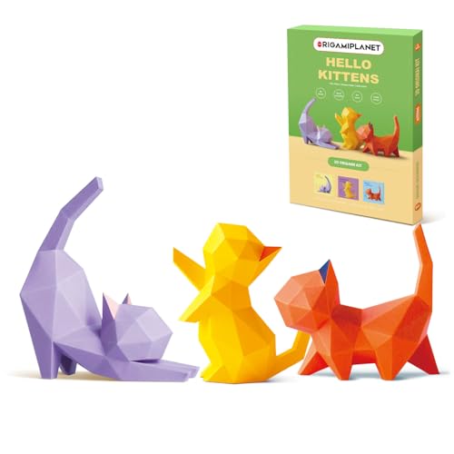 ORIGAMIPLANET Hallo Kittens 3D Origami Papier Handwerk Geschenk Set-3 Stück, niedliche Katze Pre-Cut Origami Kit, Tier-Papier-Skulptur für Jugendliche&Erwachsene - DIY Kunst Geschenk für Geburtstag