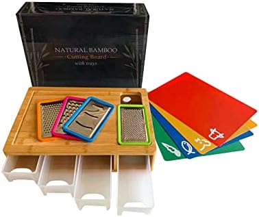 LUXFINA Kitchen Bamboo Cutting Board with 4 Containers,4 Graters,Drawer with Transparent Lid,Wood Chopping Board with Magnetic Adsorption Food Sliding Opening,Easy for Food Prepared&Clean Up