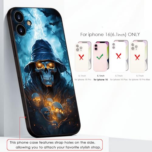 Printed with Skull for iPhone 16 case, Printed with a skeleton pattern bathed in lightning, the Silicone shockproof case makes your phone look cool and eye-catching(A1-skull-Death God Skeleton )