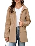 CMTOP Chaqueta Mujer Entretiempo Ligero Longitud Media Chaqueta, Primavera Otoño Abrigo Resistente al Agua Parka Casual Sólido Cazadora con Capucha Desmontable y Multibolsillos(Caqui,S)